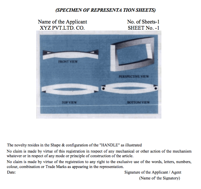 sample copy of Industrial Design Representation Sheet under Design Registration in India